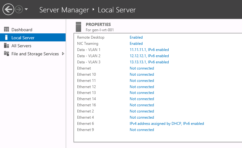 Server Manager window showing three configured VLAN interfaces with assigned IP addresses