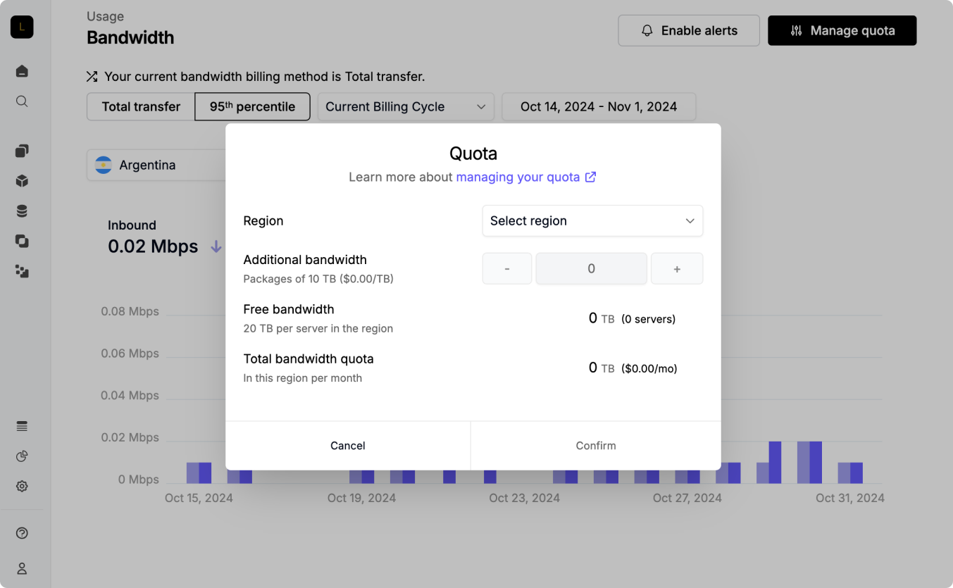 Bandwidth quota management interface showing options to increase or decrease quota in 10 TB increments