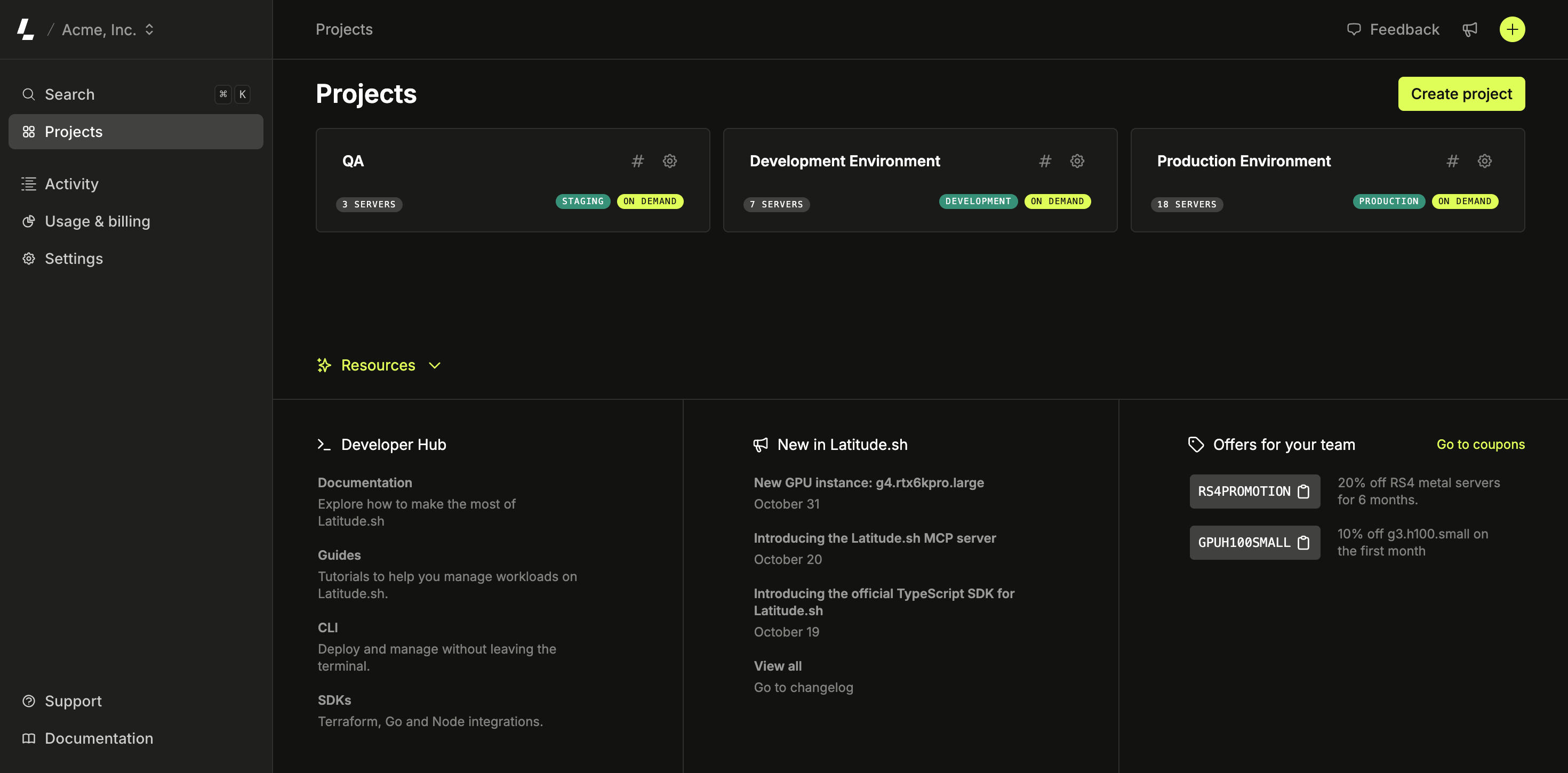 Latitude.sh dashboard