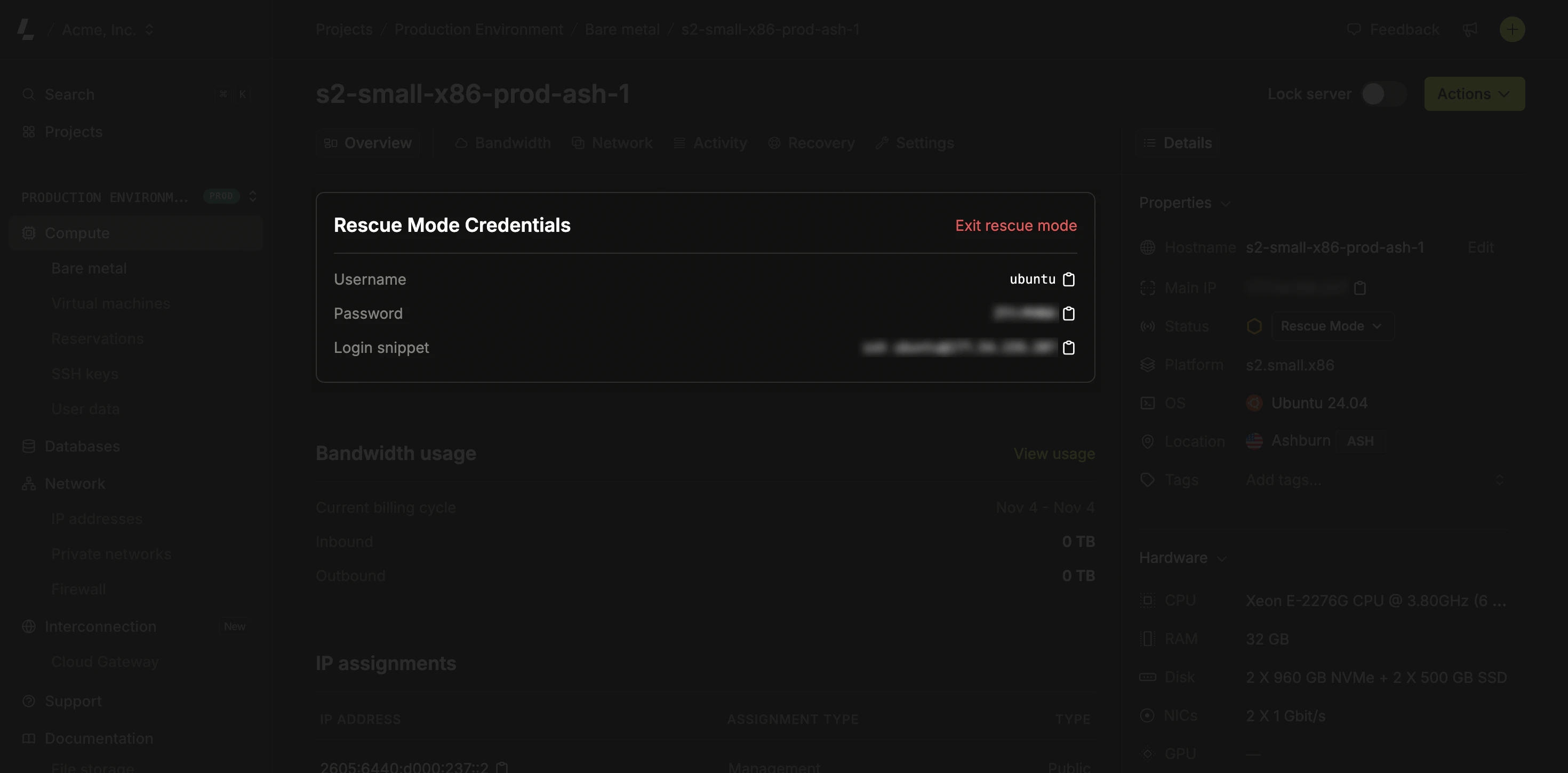 Rescue mode credentials