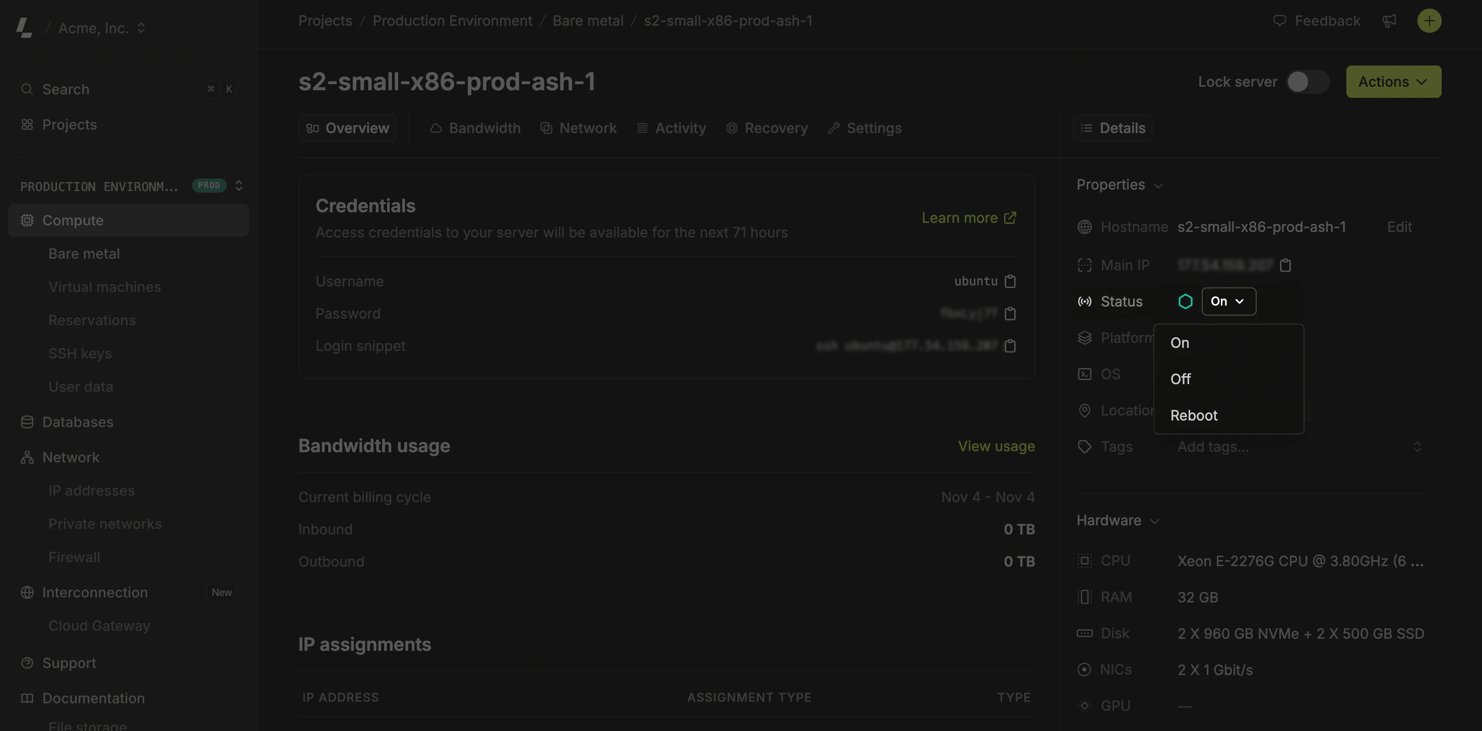 Power cycling a server from the Latitude.sh dashboard.