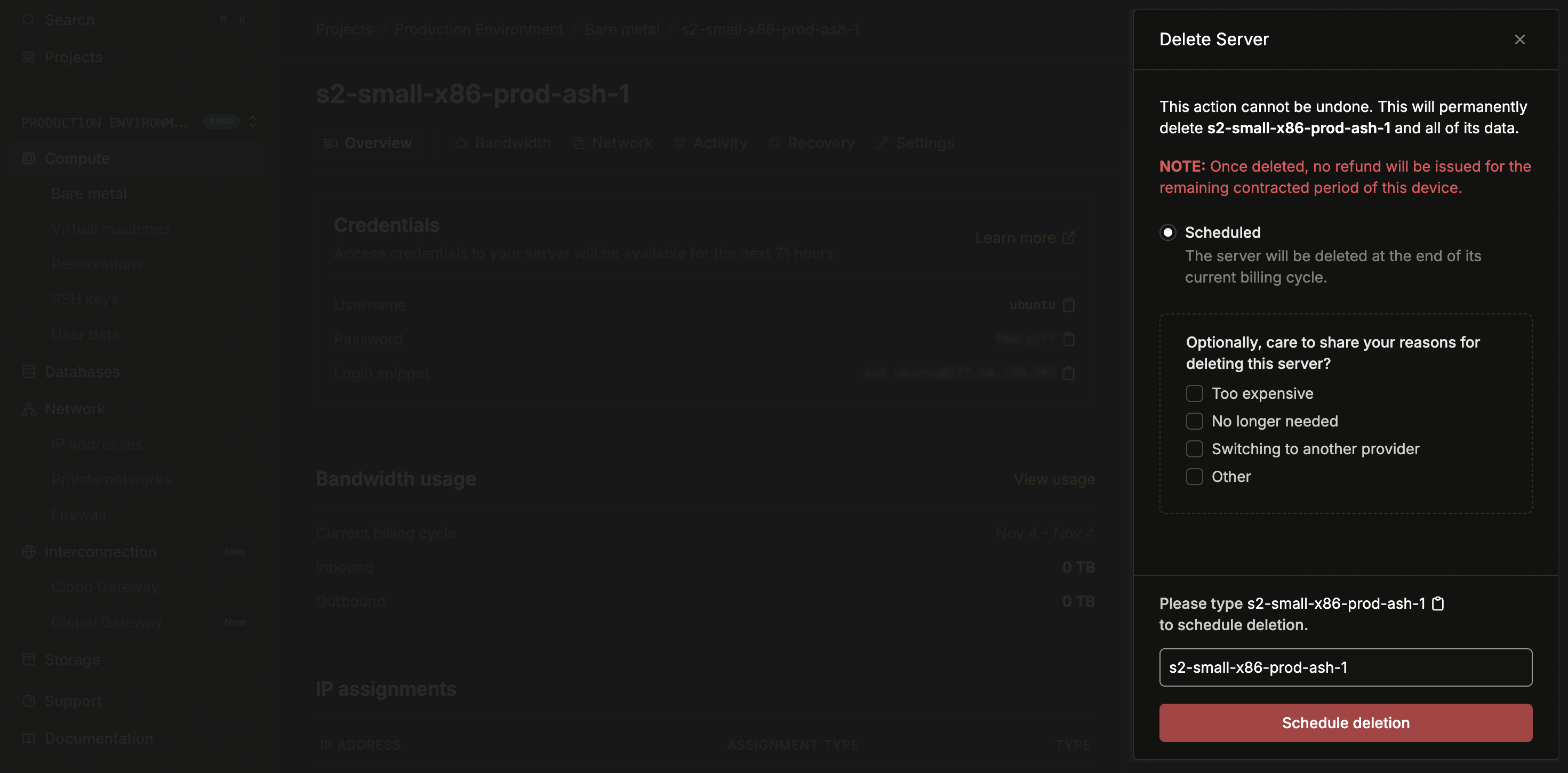 Delete server confirmation