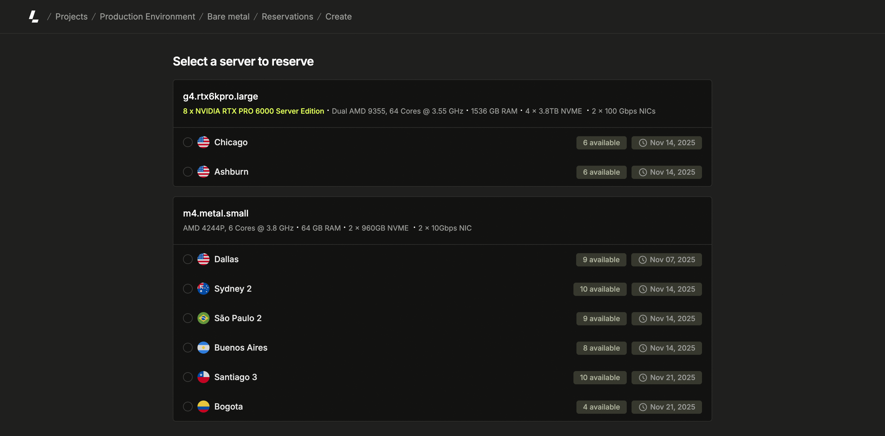 Capacity reservations page