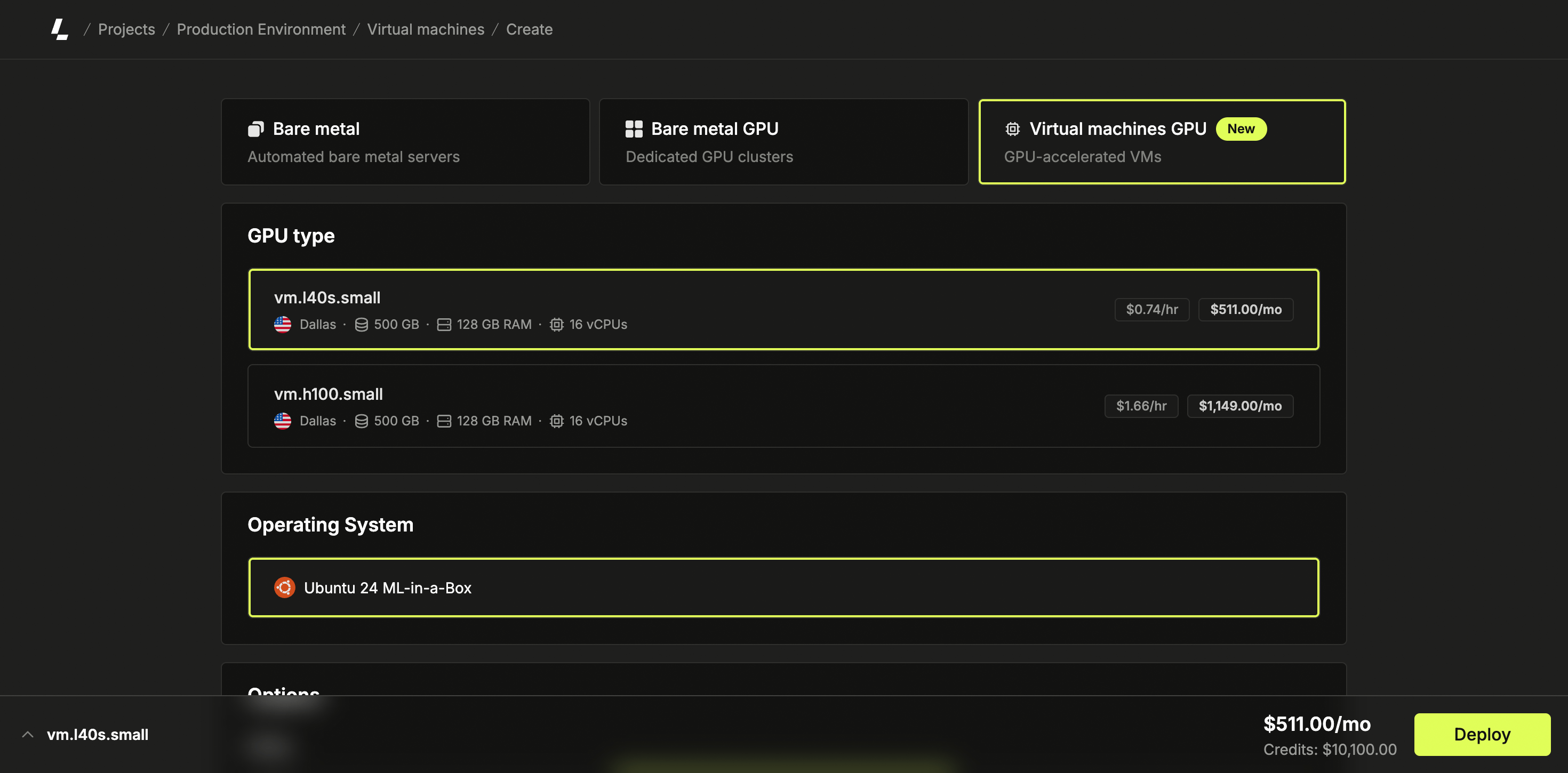 GPU instance deployment page