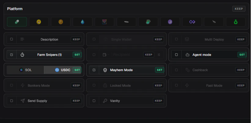 Preset platform and configuration override grid showing Set and Keep states for launch settings