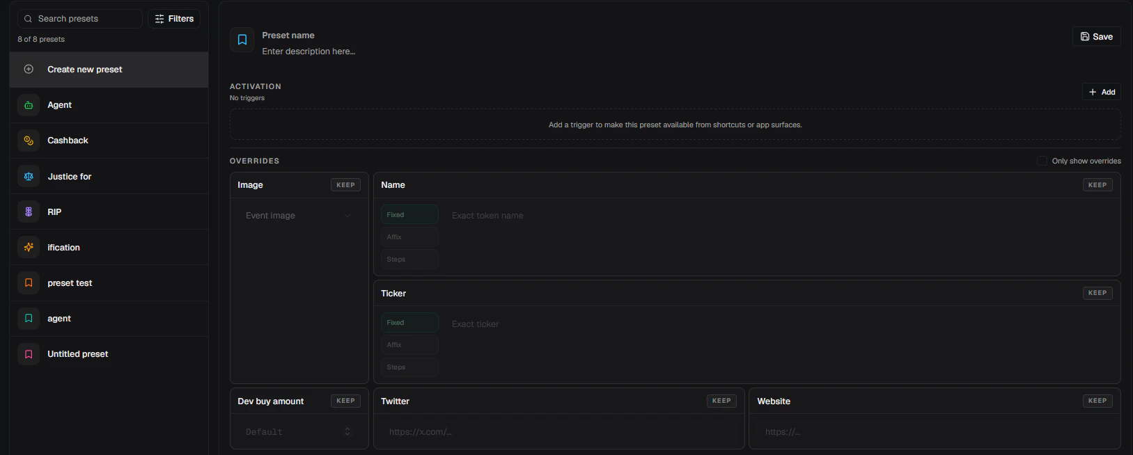 Presets page with search and filters, built-in presets, a new preset editor, activation controls, and override rows