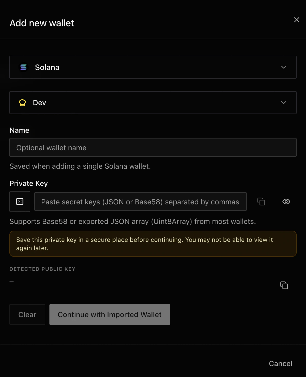 Add new wallet dialog with network selector, tags selector, name field, private key field, and detected public key preview