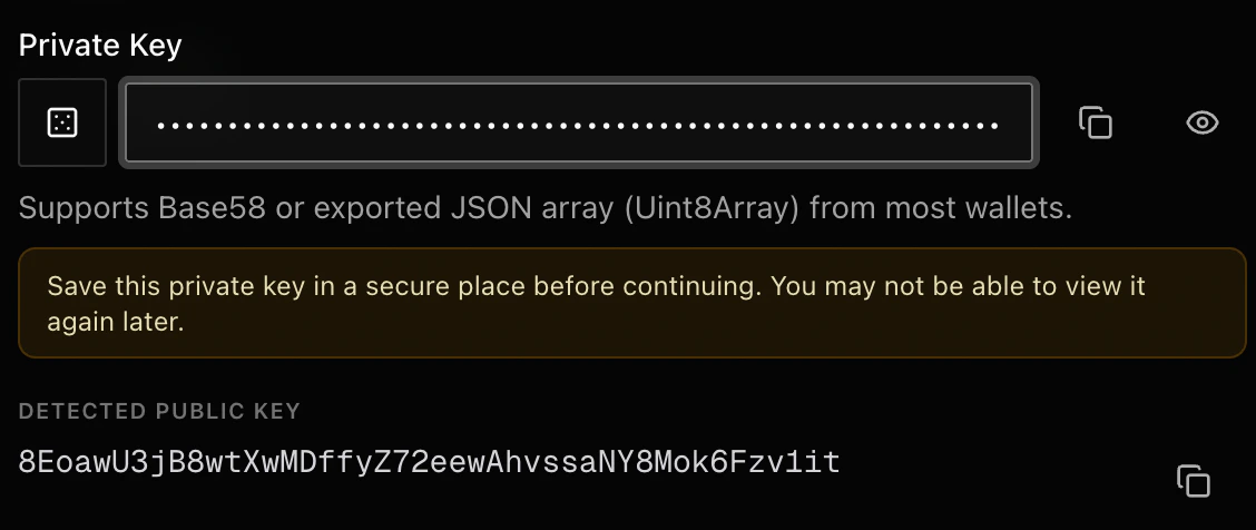 Private key field with a masked key, copy controls, warning, and detected public key preview