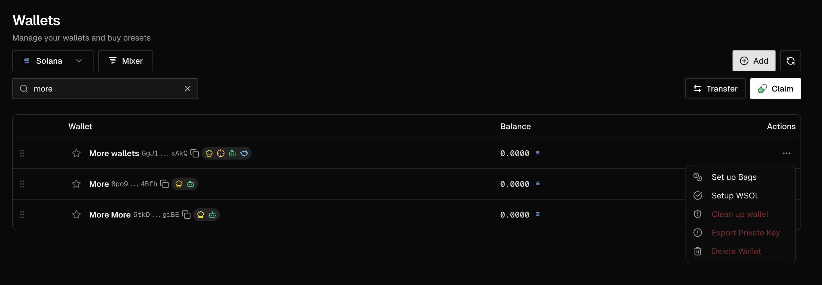 Wallet table with matching results and the row actions menu open