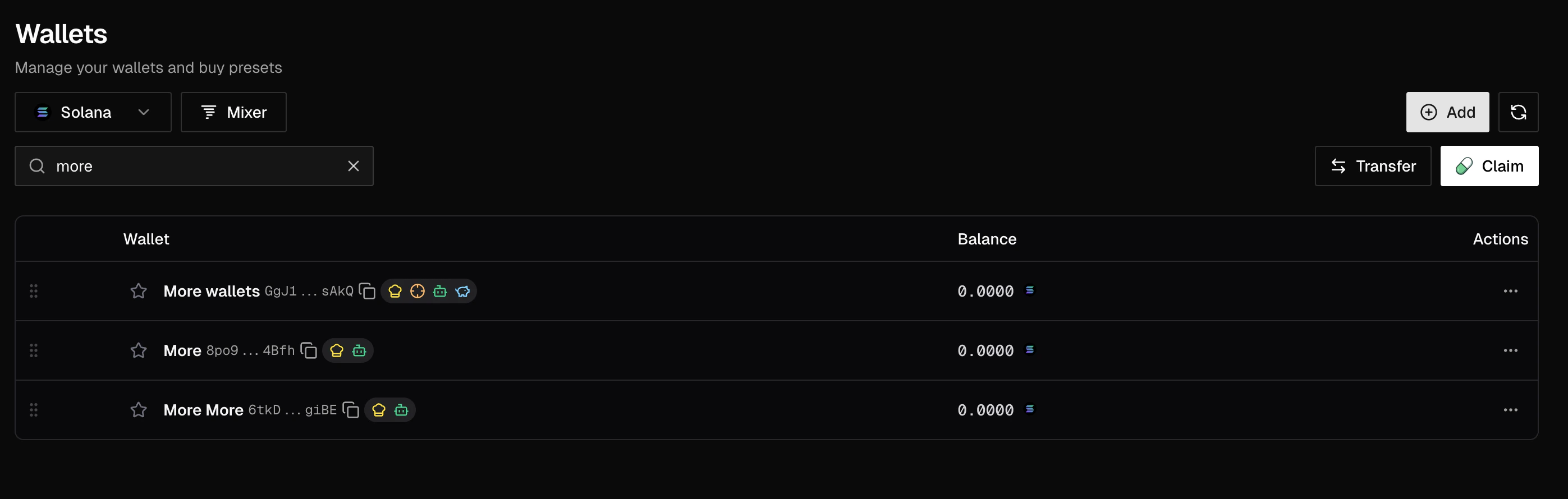 Wallets page with Solana selected, wallet search, Add, Refresh, Transfer, and Claim controls