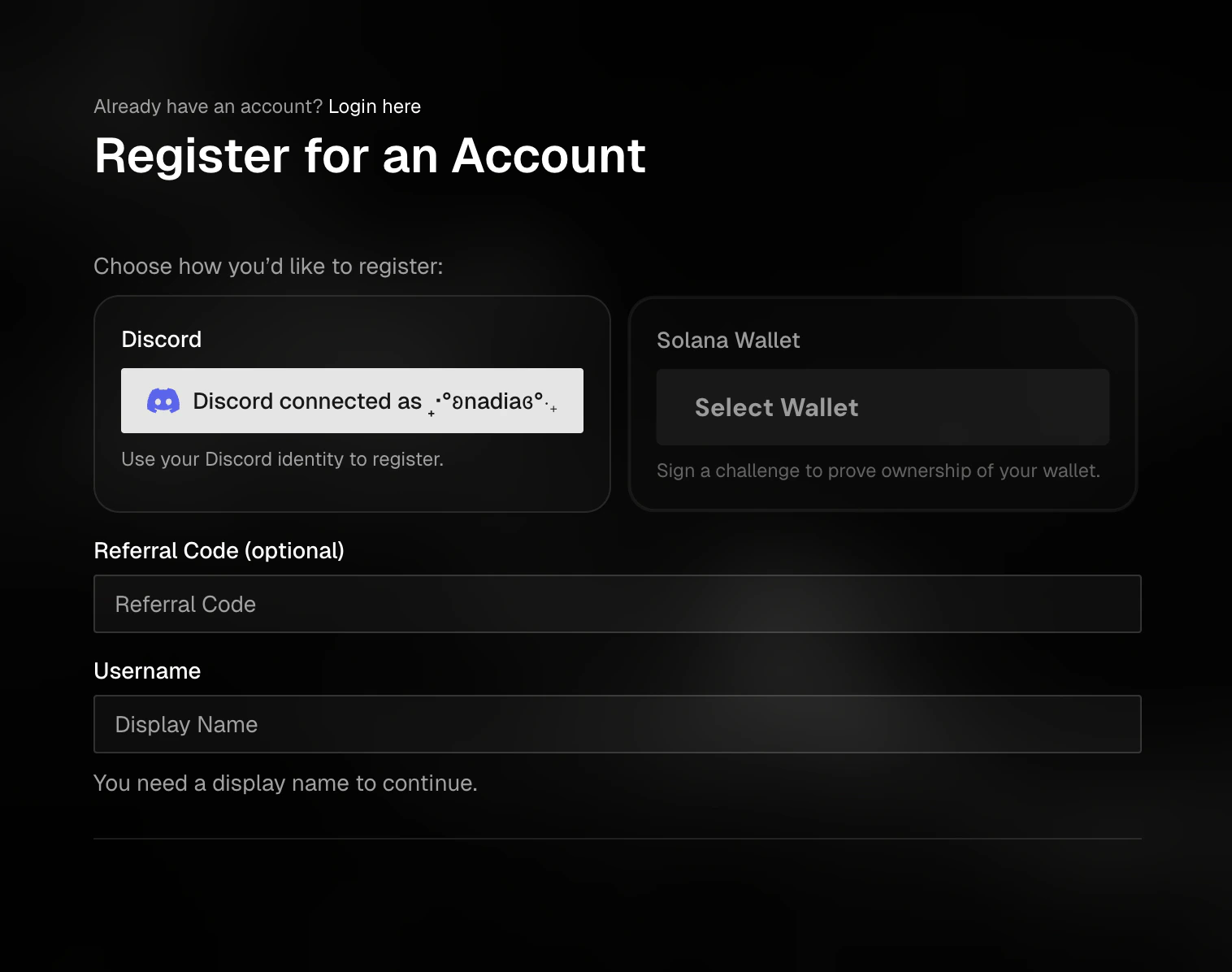 Registration page showing Discord and Solana Wallet options