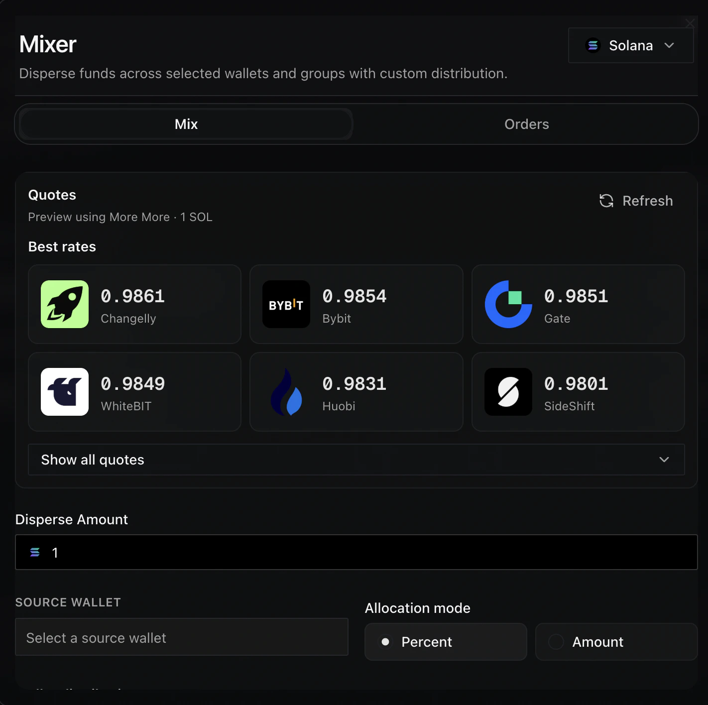 Mixer page showing source wallet selection, allocation mode, destination wallets, groups, and the Mix button