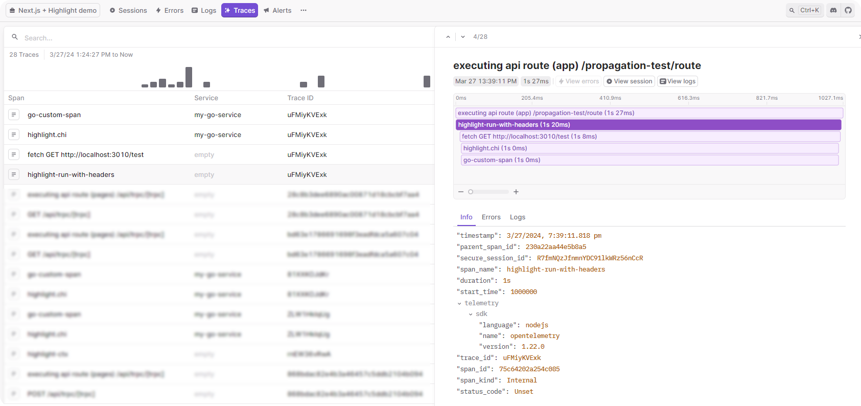 LaunchDarkly trace view showing the highlight-run-with-headers span wrapping the distributed request.