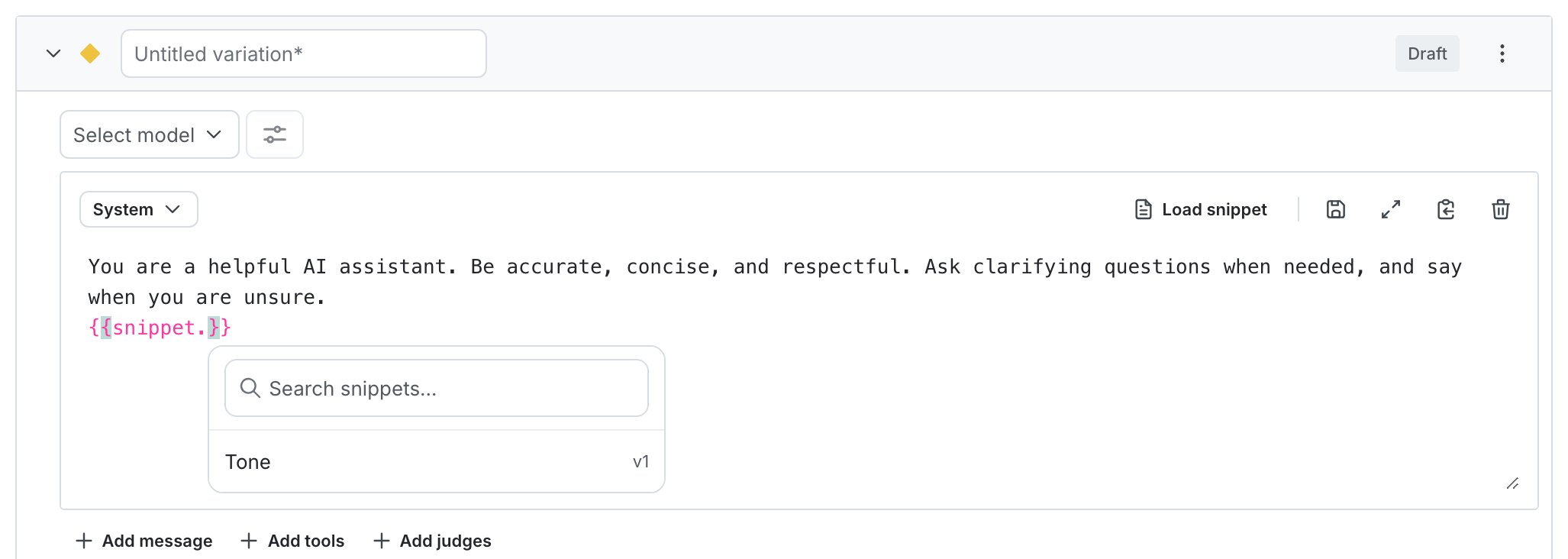 Attaching snippets to a variation in the variation editor.