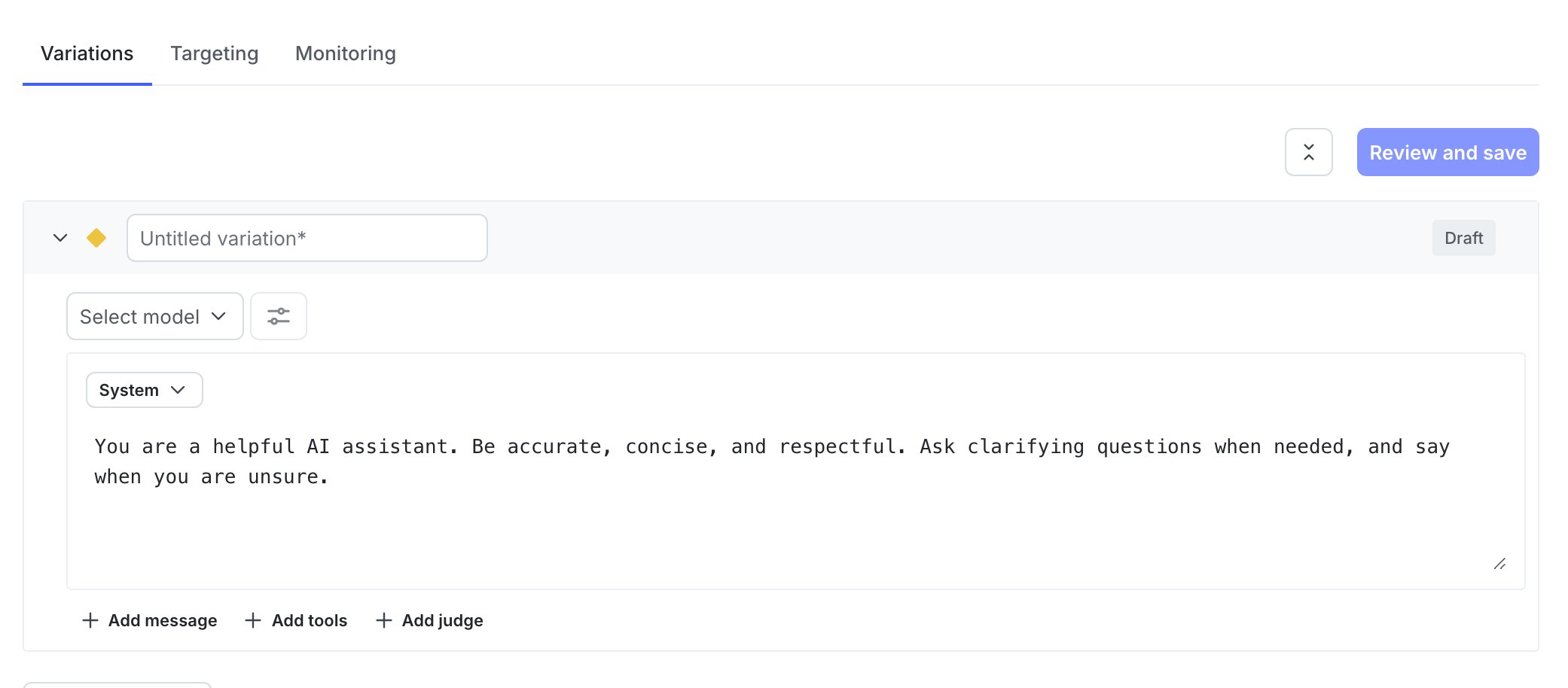 The Variations tab of a newly-created config.