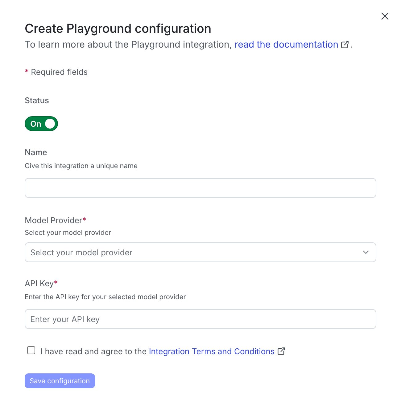 The Manage API keys page in LaunchDarkly for adding a model provider credential to the Playground.