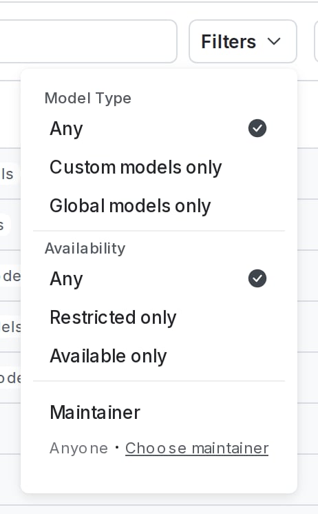 The "Filters" menu for the AI model configs list.