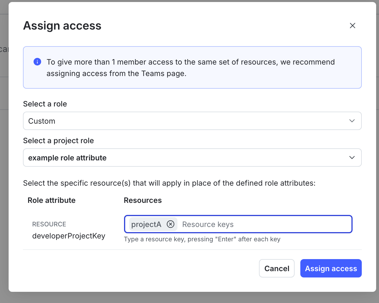 The "Assign access" dialog, with a role attribute and resource specified for the custom role being assigned.