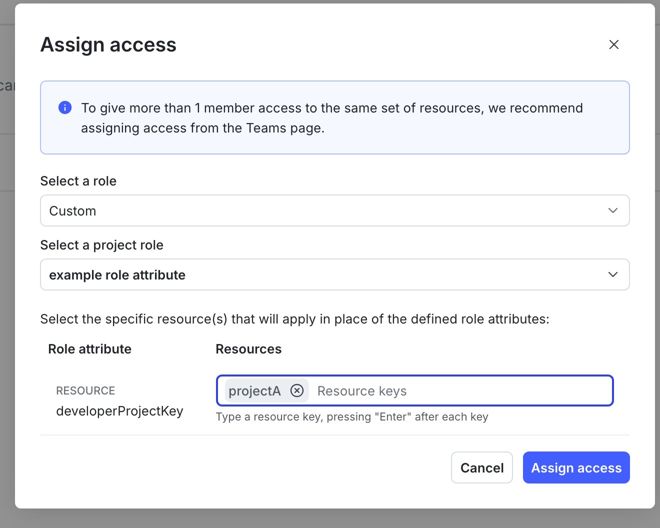 The "Assign access" dialog, with a role attribute and resource specified for the custom role being assigned.