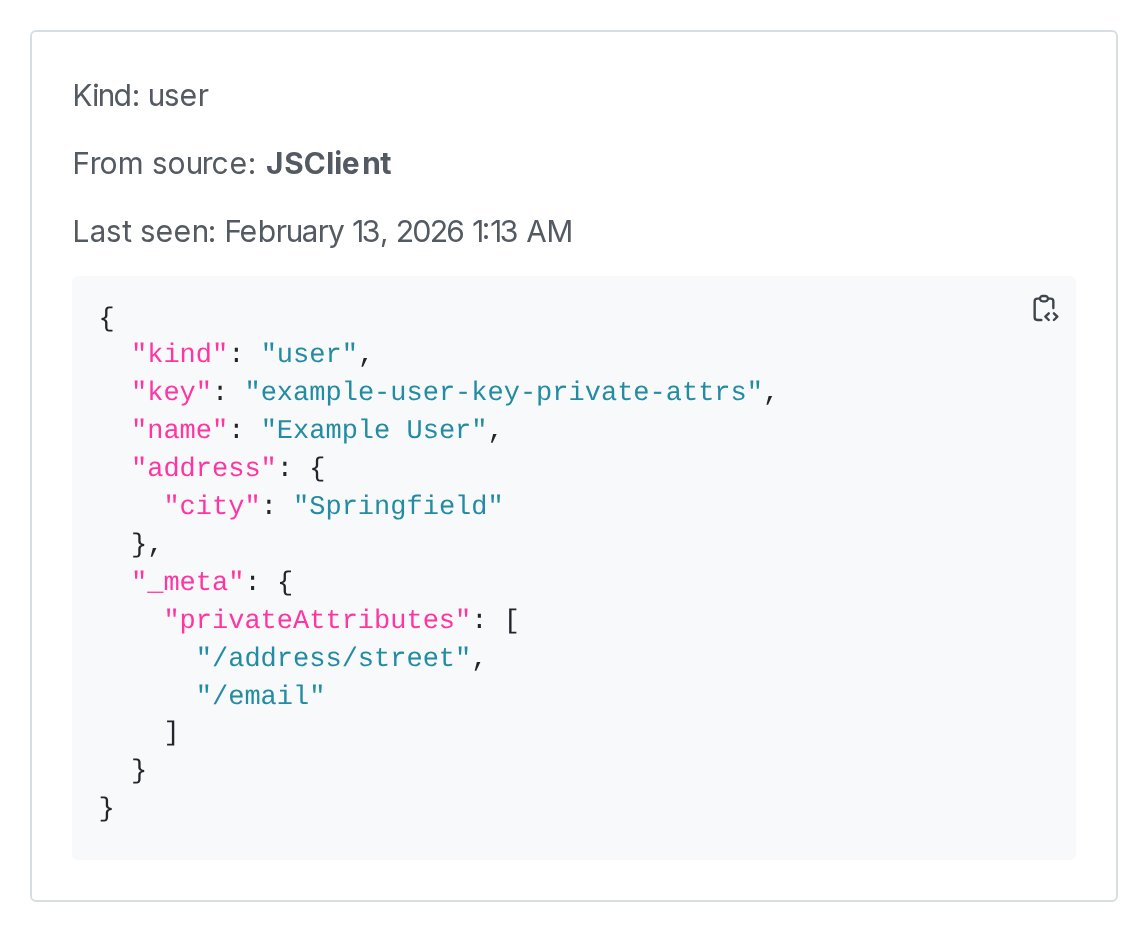 The "Attributes" section of the context details page, showing private attributes in a "_meta" section.