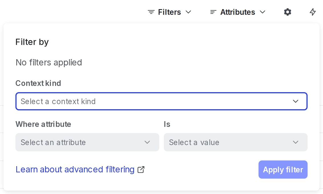 The "Filter by" dialog on the "Contexts" list.