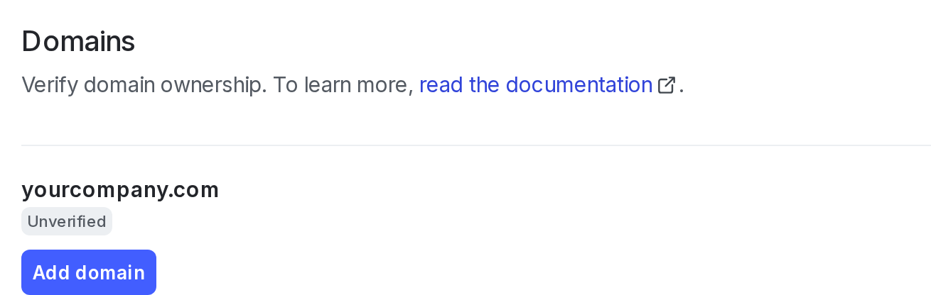 The "Domains" section of the "Security" tab, with an unverified domain.