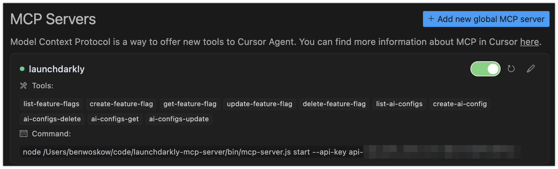 A list of MCP servers in Cursor, with the LaunchDarkly MCP server toggled on.