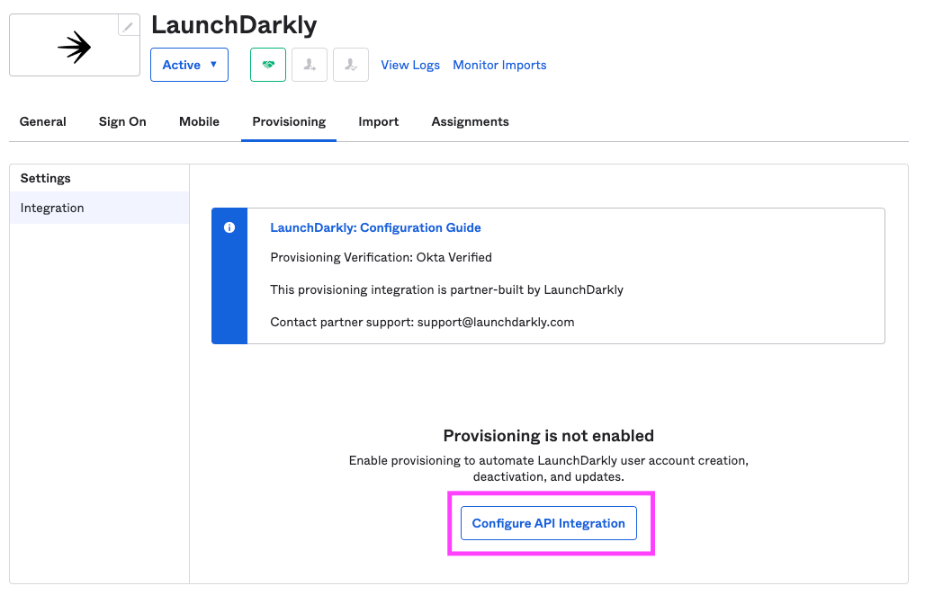 The "Integration" page in Okta, with the "Configure API integration" button called out.