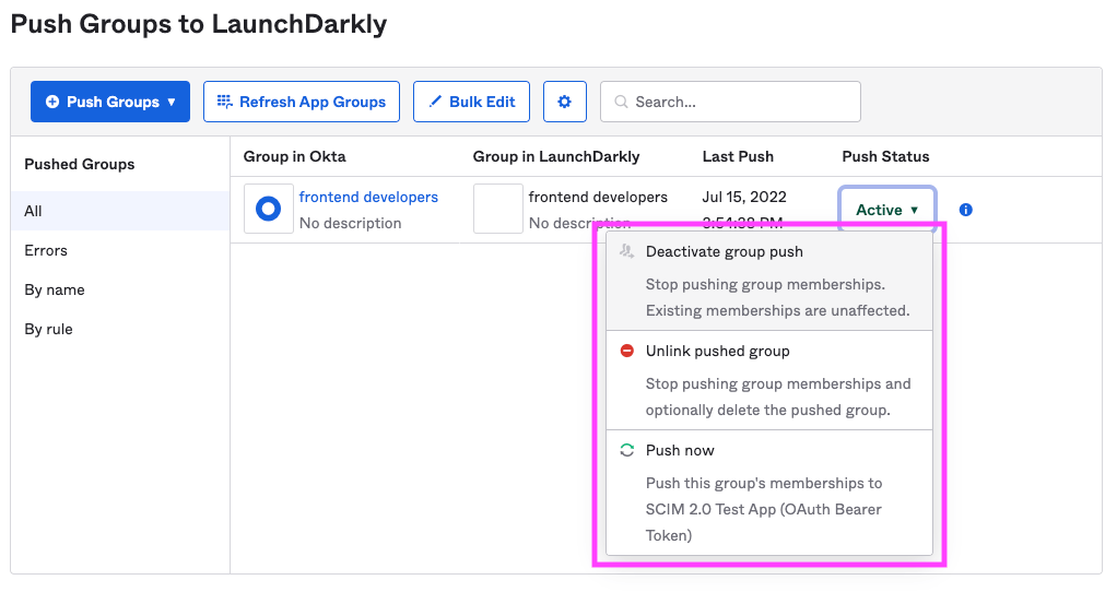 Unlink and deactivate group push in Okta.