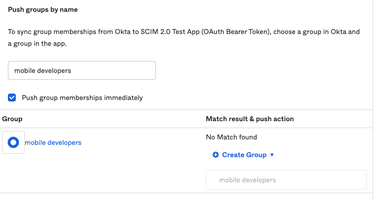 The "Push groups by name" screen in Okta.