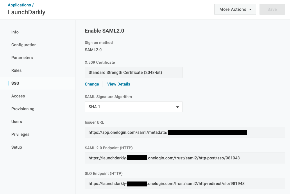 The SSO section of LaunchDarkly.