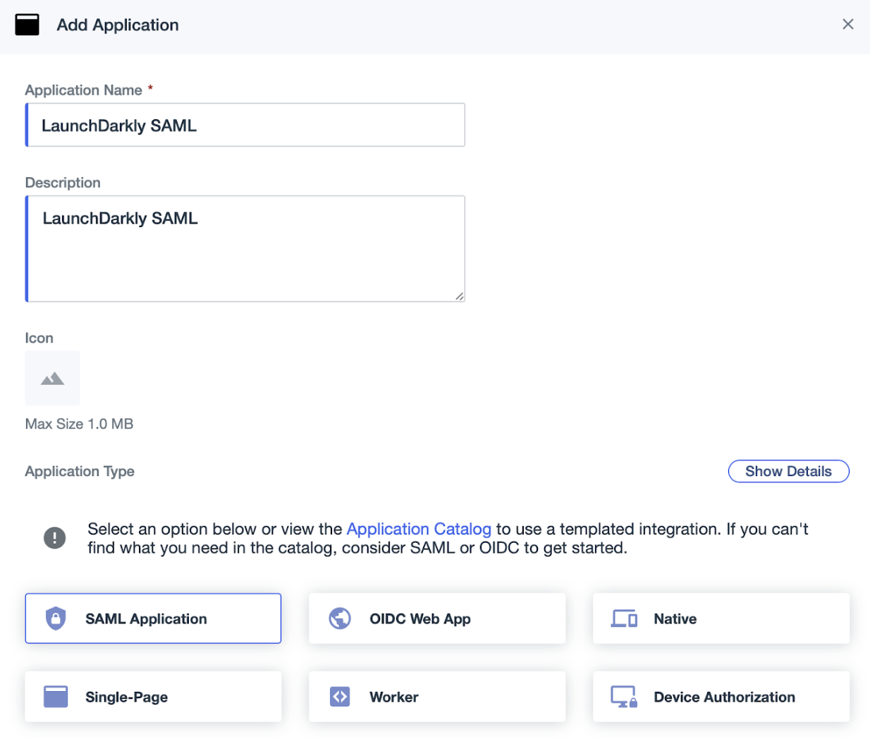 The "Add Application" screen in PingIdentity.