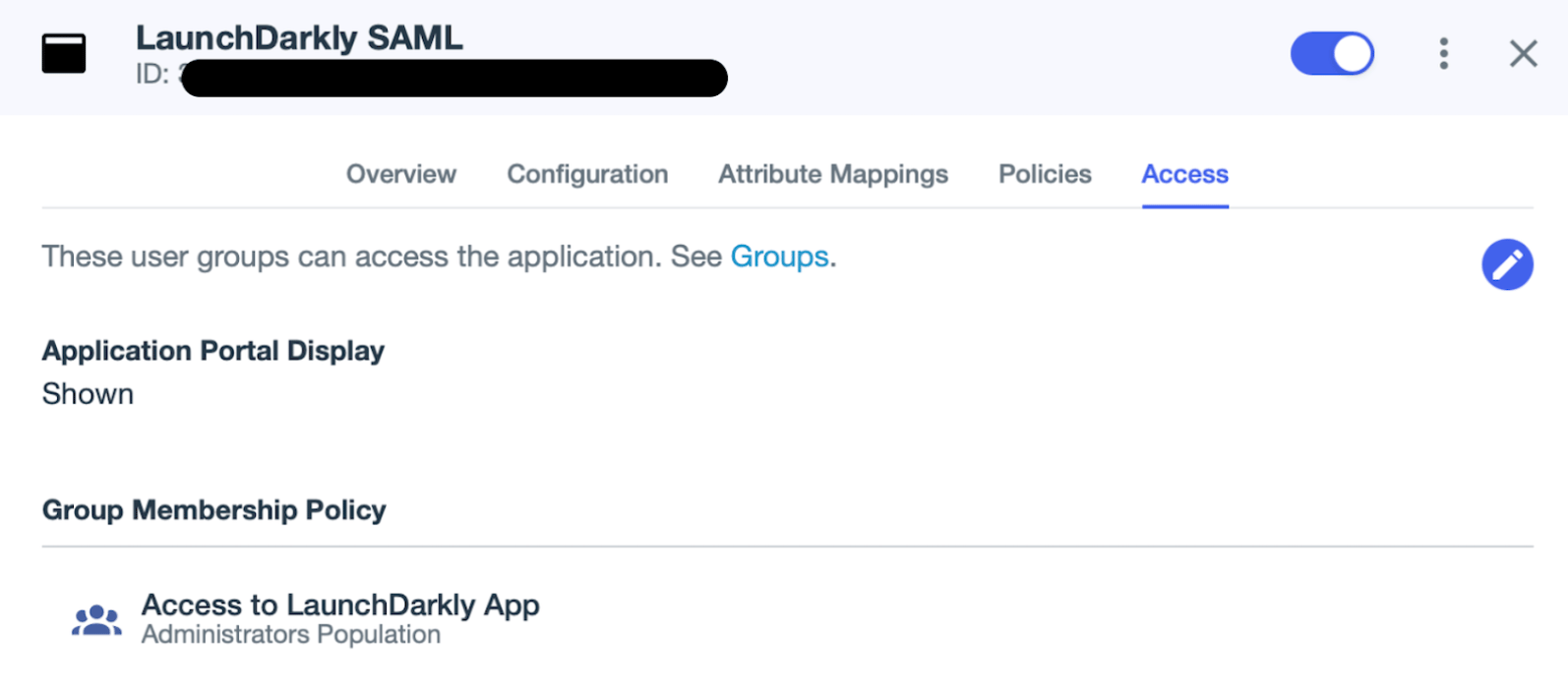The application "Access" screen in PingIdentity.