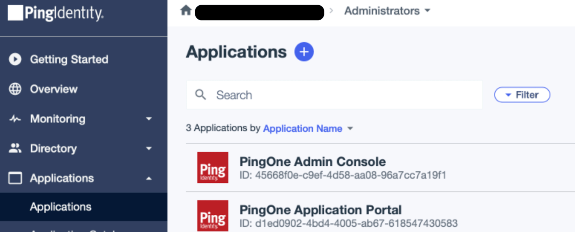The "Applications" screen in PingIdentity.
