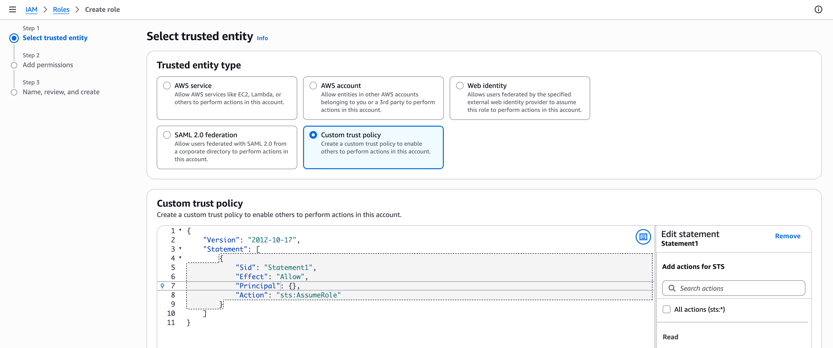 The custom trust policy in Redshift.