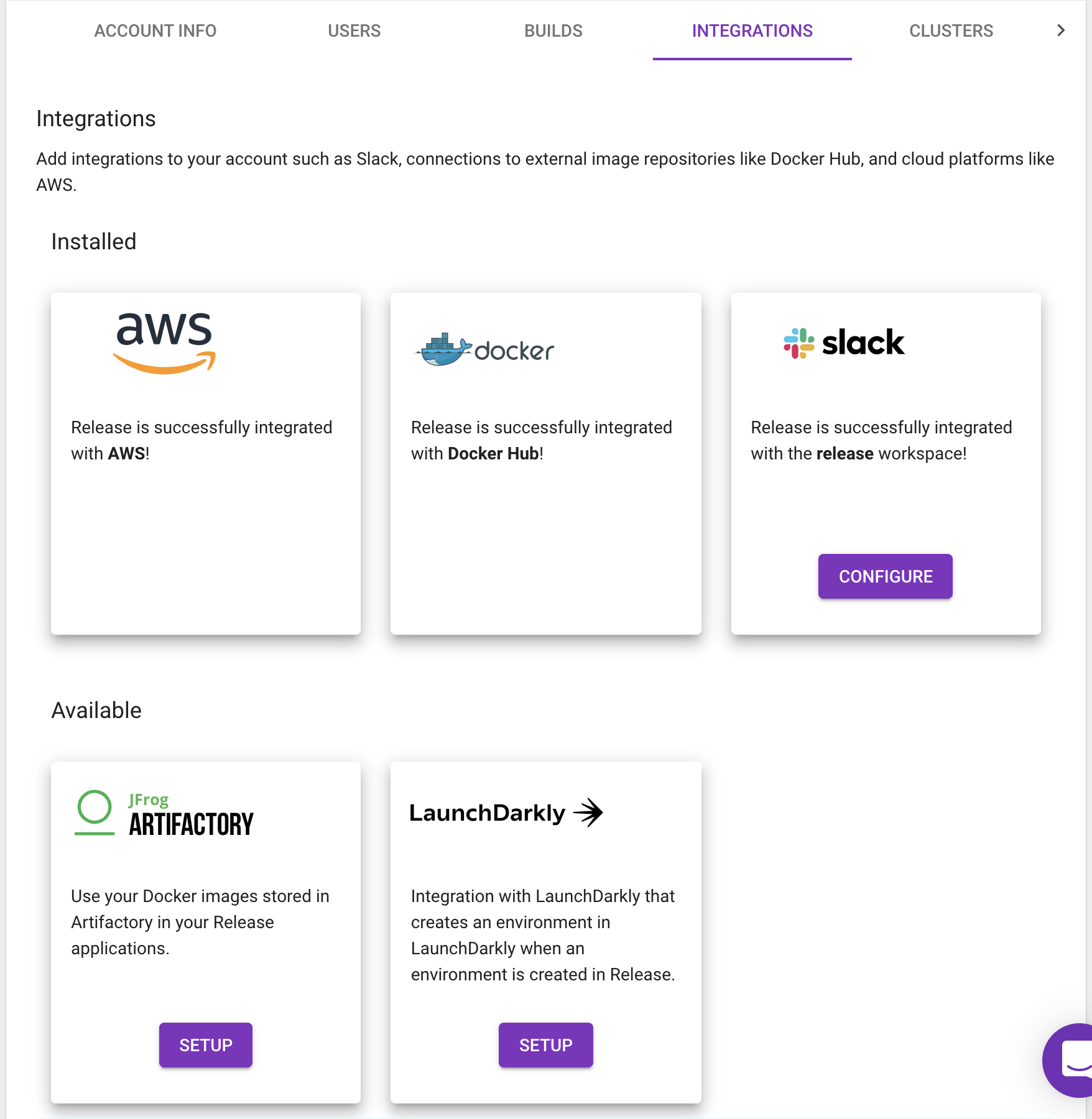 The Integrations menu.