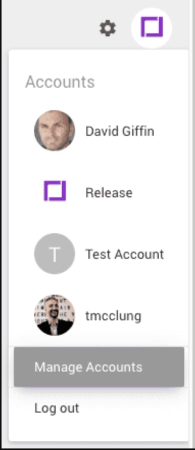 The Accounts menu with "Manage Accounts" selected.