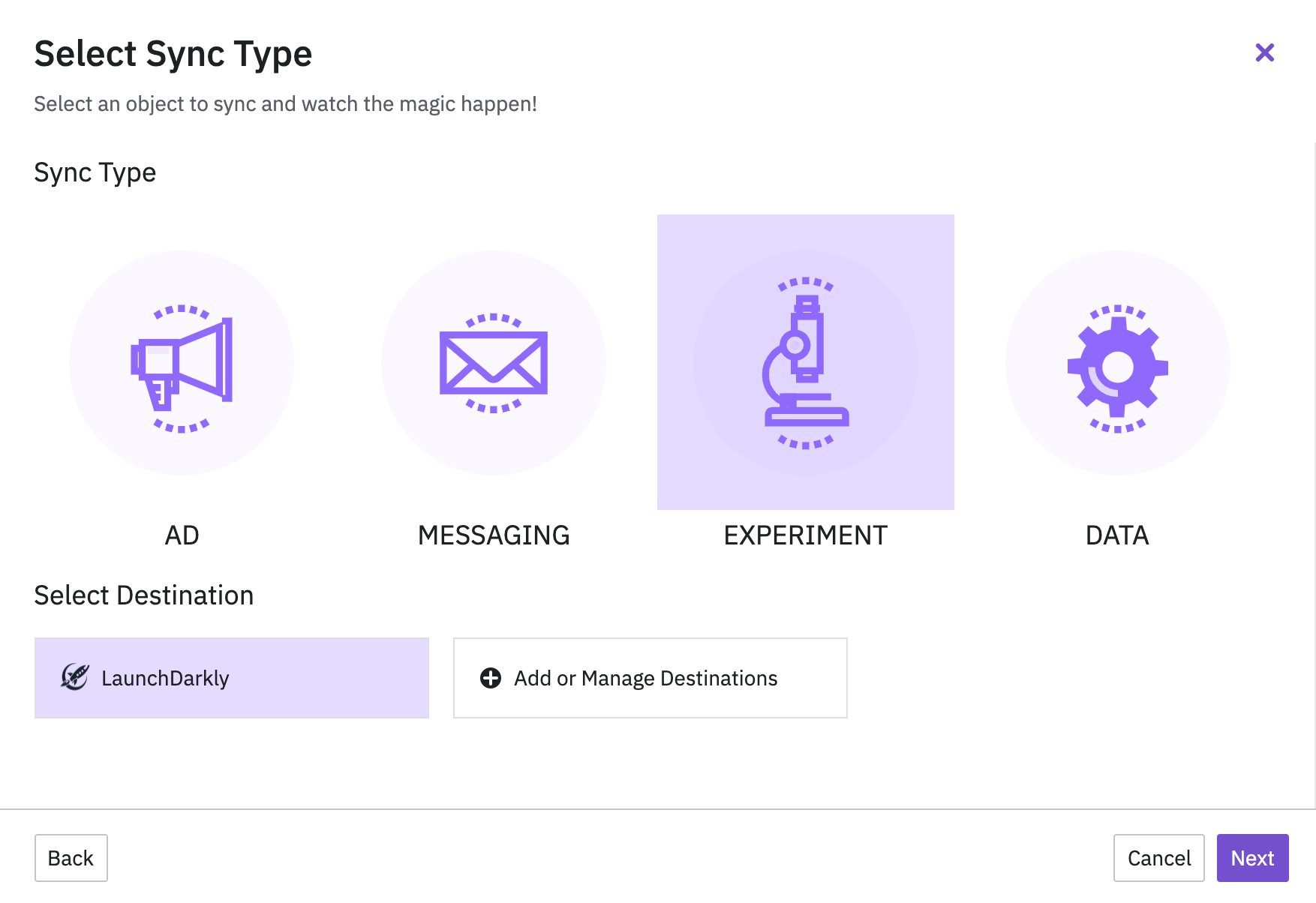 The "Select Sync Type" screen.