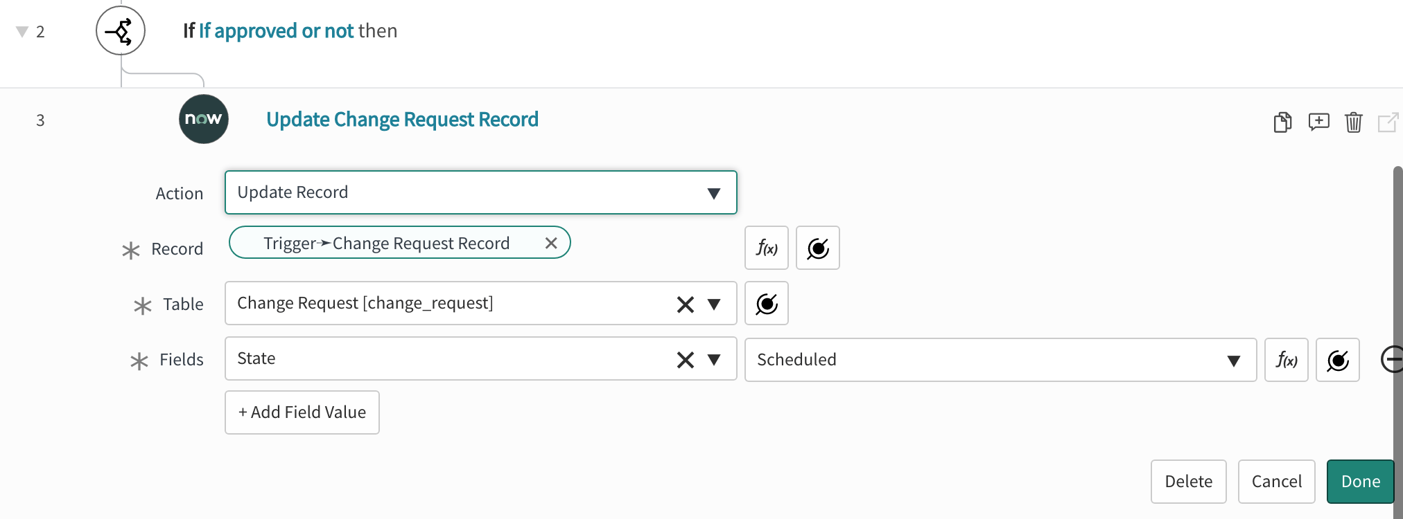 A ServiceNow update change request record action that moves the "State" to "Scheduled."