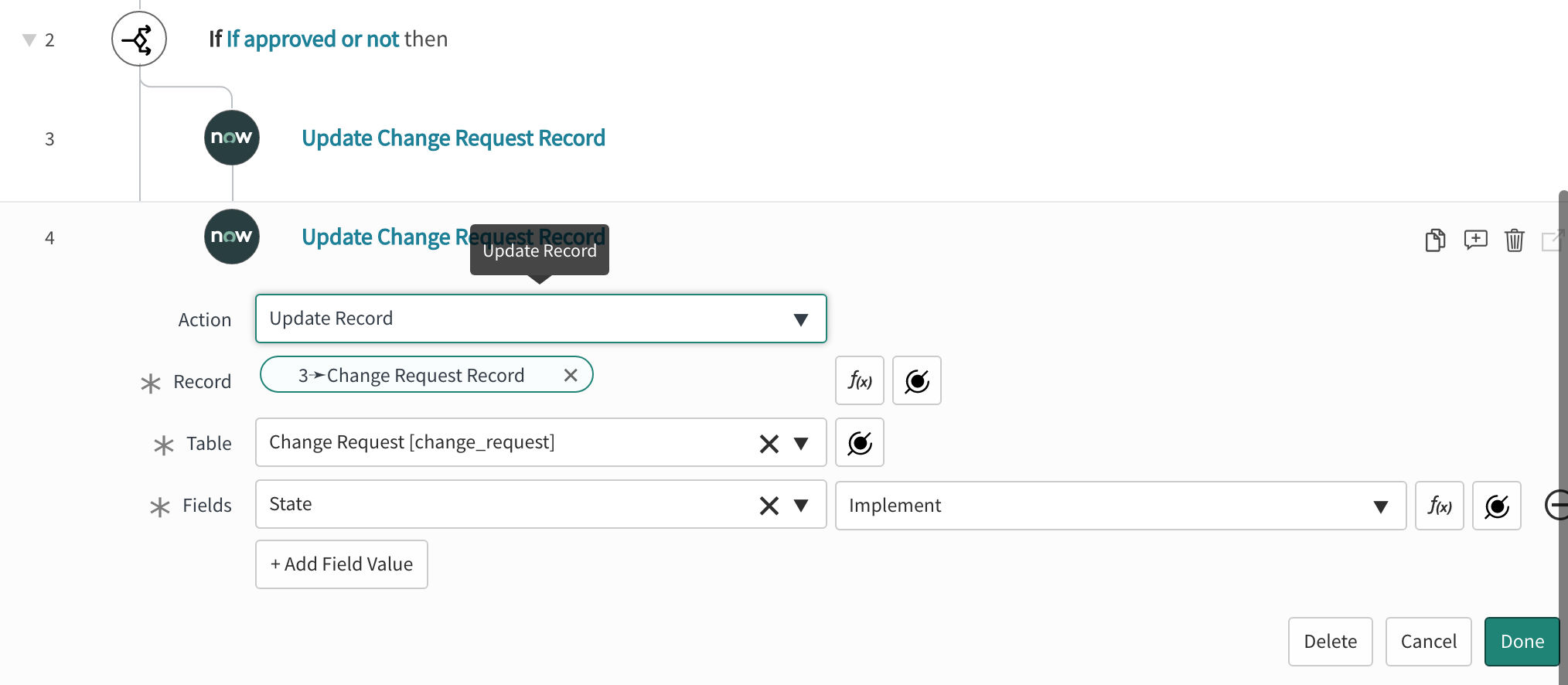 A ServiceNow update change request record action that moves the "State" to "Implemented."