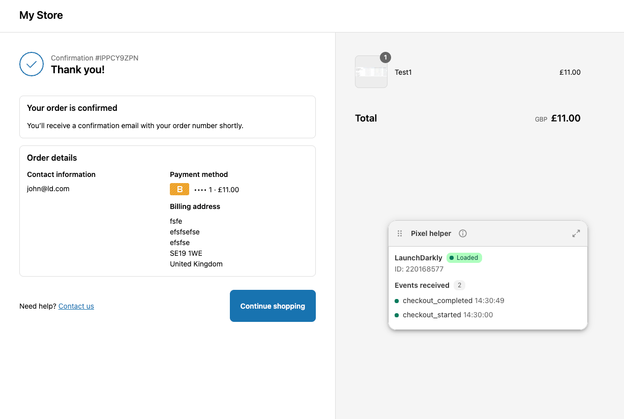 A Shopify checkout showing related events.