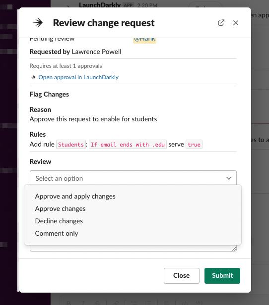 An approval request in Slack.