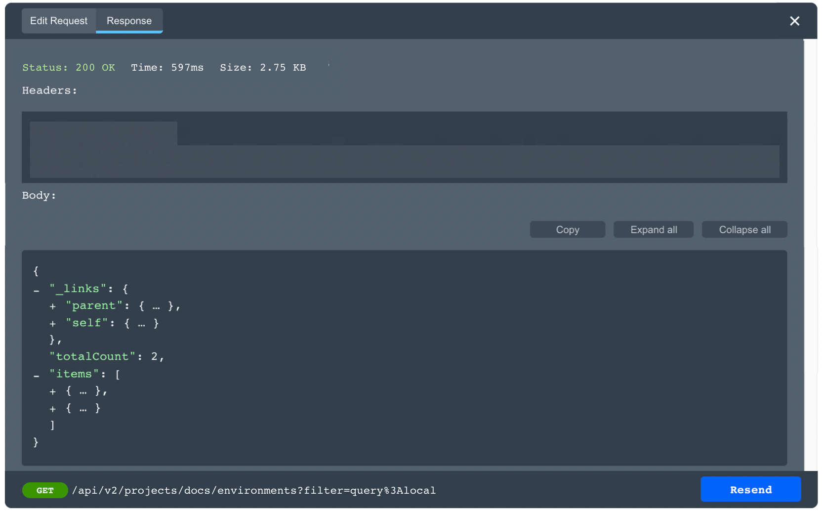 The 200 success code and JSON object response for a GET request placed from the LaunchDarkly API documentation.