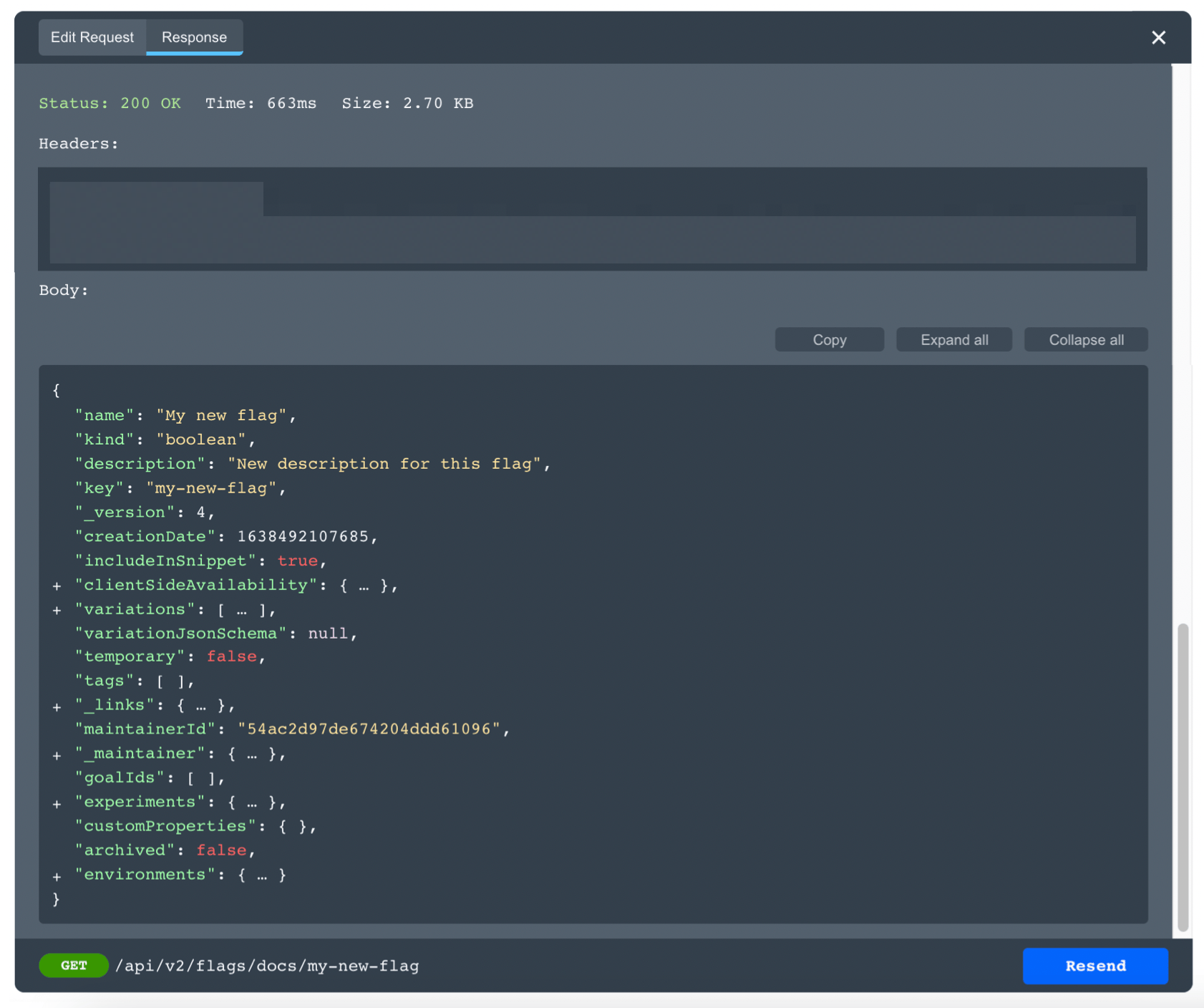 The 200 success code and JSON object response for a GET request placed from the LaunchDarkly API documentation.