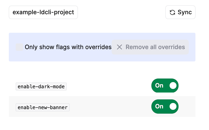 The user interface for the LaunchDarkly CLI dev-server, connected to project "example-ldcli-project."