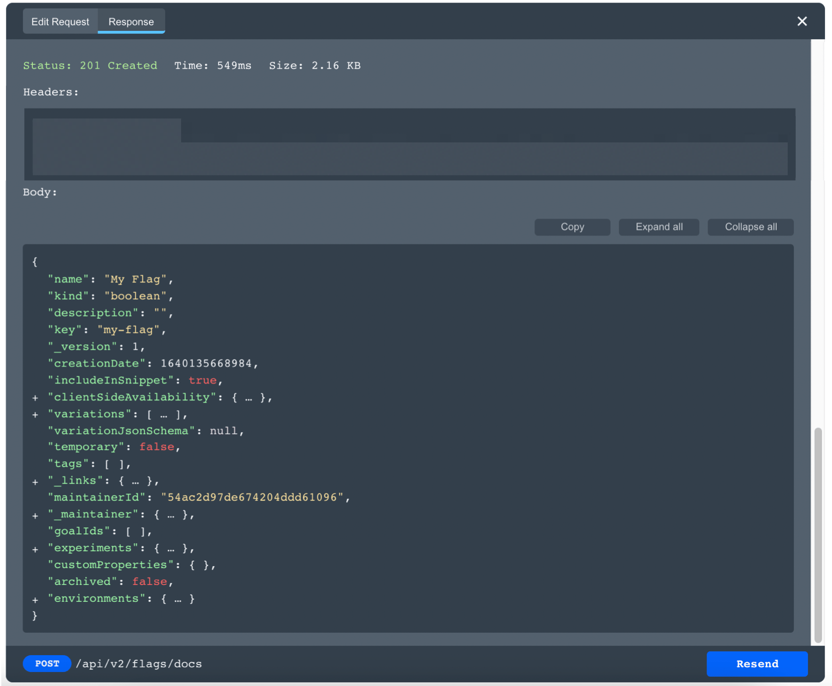 The 201 success code and JSON object response for a POST request placed from the LaunchDarkly API documentation.
