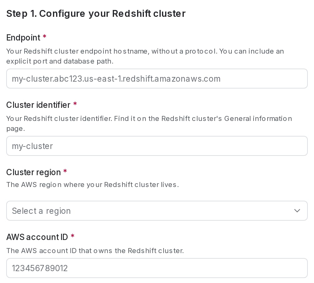 The Redshift cluster configuration section in LaunchDarkly.