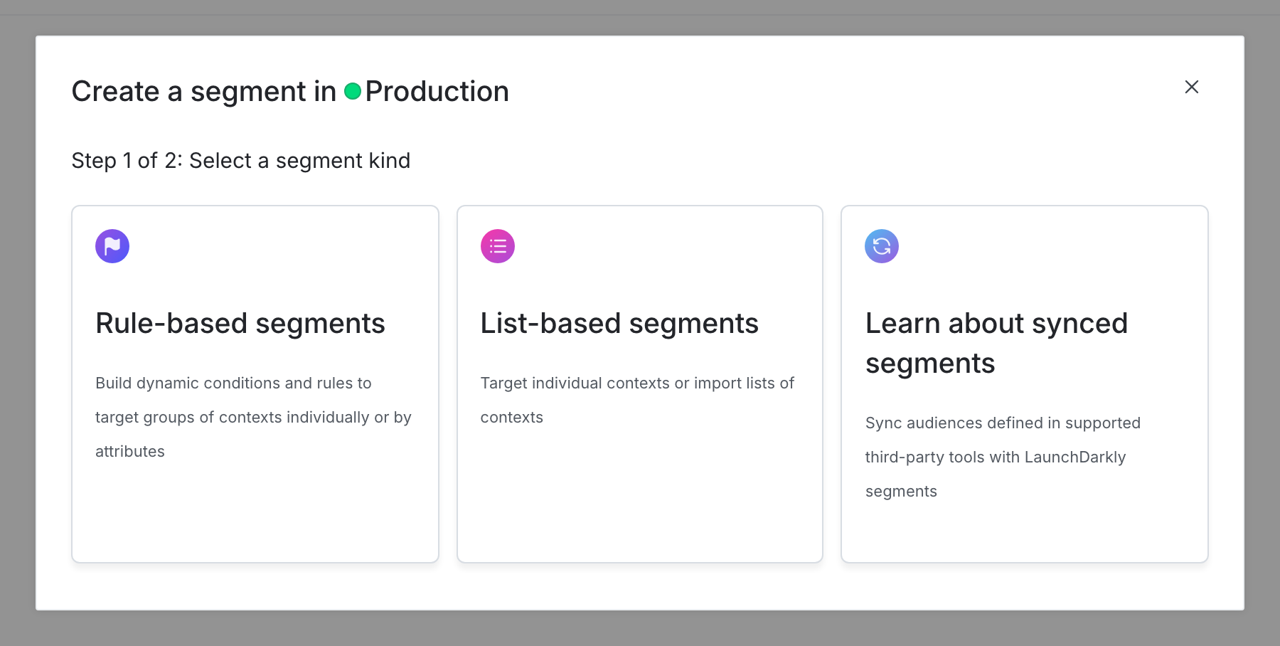 The "Select a segment kind" step of the "Create a new segment" dialog