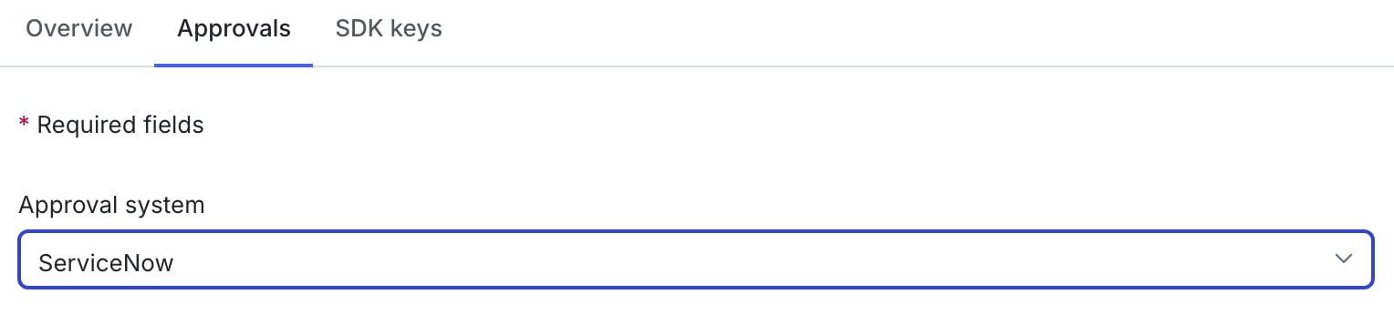 LaunchDarkly environment approval settings with ServiceNow configured.