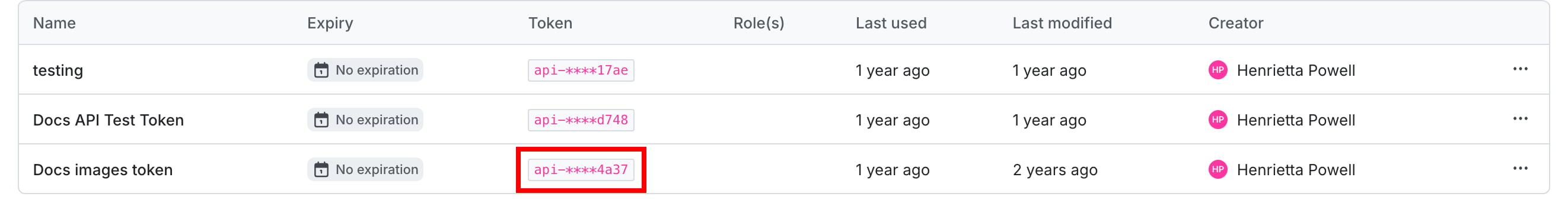 The Access tokens list with an obscured access token called out.